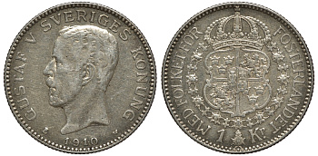 Швеция 1 крона 1910 W, Густав V (1907-1950) KM 786.1 серебро XF 4178-526