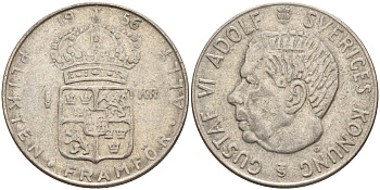 Швеция 1 крона 1956 TS, Густав VI Адольф (1950-1973) KM 826 серебро 4148-1153