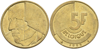 Бельгия 5 франков 1986 Belgique KM 163 алюминиевая бронза 4126-212