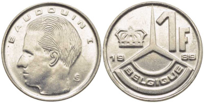Бельгия 1 франк 1989 Belgique, Бодуэн I (1951-1993) KM 170 железо плакированное никелем 116-1038