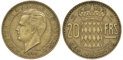 Монако 20 франков 1950 Ренье III (1949-2005) KM 131 алюминиевая бронза 51-2526