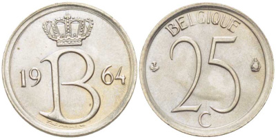 Бельгия 25 сантимов 1964 Belgique, Бодуэн I (1951-1993) KM 153.1 медно-никель 201-1261