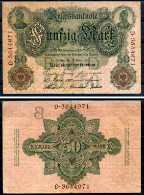Германия 50 марок 1910 Pick 41 бумага 7191-56-1-2