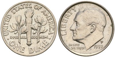 США 1 дайм - 10 центов 1997 P, Рузвельт KM 195а медь плакированная медно-никелем    4608-644
