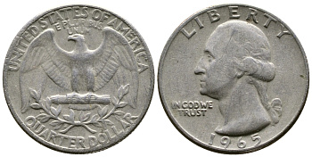 США 25 центов (квотер) 1965 Вашингтон КМ 164а медь плакированная медно-никелем 56-1235