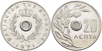 Греция 20 лепта 1971 Константин II (1964-1974), оливковая ветвь KM 79 алюминий UNC 28-1016