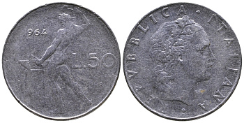 ИТАЛИЯ 50 ЛИР 1964 R, КУЗНЕЦ KM 95.1 сталь 3333-831