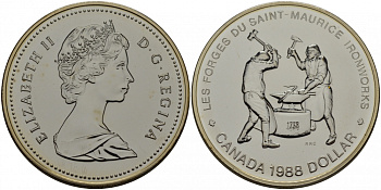 Канада 1 доллар 1988 250 лет кузницам Сен-Мориса, Елизавета II (1952-) KM 161 серебро UNC 1077-9-22