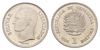 Венесуэла 1 боливар 1989 Симон Боливар Y 52a.1 сталь плакированная никелем aUNC 4116-214