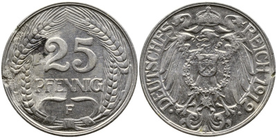 Германия 25 пфеннигов 1912 F KM 18, Weege 12, J.18 никель 93-155