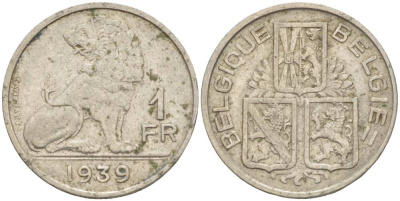 Бельгия 1 франк 1939 Леопольд III (1934-1950), Belgique-Belgie, лев KM 119 никель 4546-227