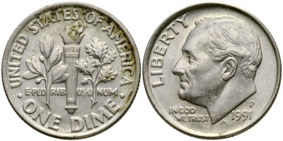США 10 ЦЕНТОВ = 1 ДАЙМ 1991 P, РУЗВЕЛЬТ KM 195а медь плакированная медно-никелем 46-2228