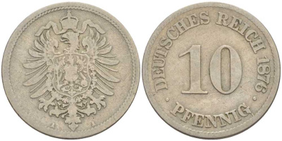 Германия 10 пфеннигов 1876 A, старогербовка KM 4, Jager 4, Weege 7 медно-никель 175-156