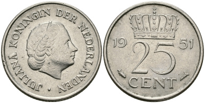 Нидерланды 25 центов 1951 Юлиана (1949-1980) KM 183 никель 96-125
