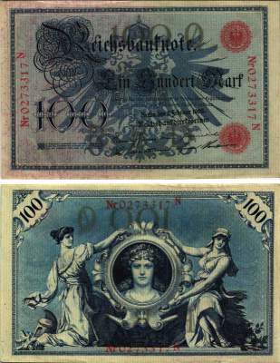 ГЕРМАНИЯ 100 МАРОК 1908 7 ФЕВРАЛЯ 1908, КРАСНАЯ ПЕЧАТЬ, ДЛИННА НОМЕРА СЕРИИ 29 ММ. Pick 33а бумага 7487-69-1