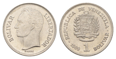 Венесуэла 1 боливар 1989 Симон Боливар Y 52a.1 сталь плакированная никелем aUNC 4116-214