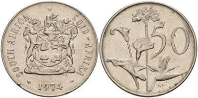 ЮАР 50 центов 1974 Зантедеския Эллиота (калла), герб KM 87 никель    4599-443