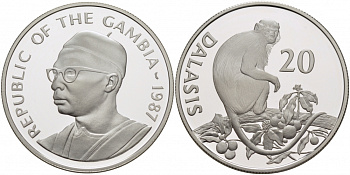 Гамбия 20 даласи 1987 серия защита окружающей среды, обезьяна, тираж 25000 экз. KM 24 серебро PROOF 01-146-35