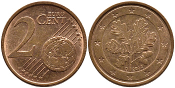 ГЕРМАНИЯ 2 ЕВРОЦЕНТА 2002 D KM 208 сталь плакированная медью 4387-1233