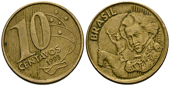 Бразилия 10 сентаво 1998 KM 649.2 сталь плакированная латунью 4167-254