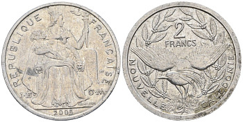 Французская Новая Каледония 2 франка 2006 птица кагу, (IEOM) KM 14, Schoen 11, Lec 68k алюминий    25-2427