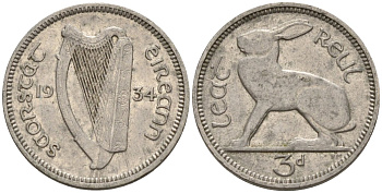 Ирландия 3 пенса 1934 заяц KM 4 никель 4596-1056