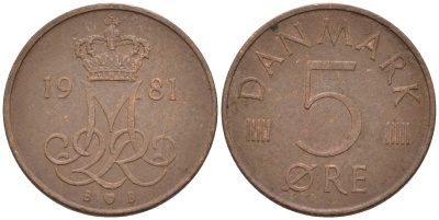 ДАНИЯ 5 ЭРЕ 1981 B; B, МАРГРЕТЕ II (1972-) KM 859.2 железо плакированное медью 4564-1167
