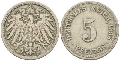 ГЕРМАНИЯ 5 ПФЕННИГОВ 1898 A KM 11, J. 12 медно-никель 105-219