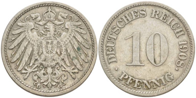 Германия 10 пфеннигов 1908 G KM 12, Jager 13, Weege 8 медно-никель 219-145