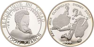 Чад 1000 франков 1999 XXVII олимпийские игры в Сиднее, гандбол серебро PROOF 00-00