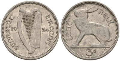 Ирландия 3 пенса 1934 заяц KM 4 никель 4596-1056