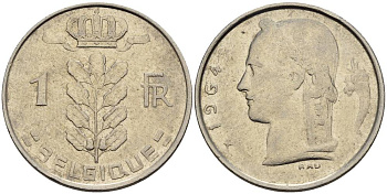 БЕЛЬГИЯ 1 ФРАНК 1964 BELGIQUE KM 142.1 медно-никель 4546-452