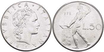 ИТАЛИЯ 50 ЛИР 1978 R, КУЗНЕЦ KM 95.1 нержавеющая сталь 89-1352