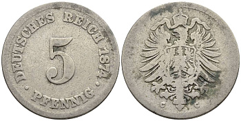 ГЕРМАНИЯ 5 ПФЕННИГОВ 1874 C, СТАРОГЕРБОВКА KM 3, Jager 3, Weege 5 медно-никель 4546-1024