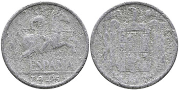 ИСПАНИЯ 10 СЕНТИМО 1945 РЫЦАРЬ НА КОНЕ KM 766 алюминий 110-927