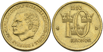 Швеция 10 крон 1993 B, Карл XVI Густав (1973- ) KM 877 медь алюминий цинк 4592-211