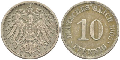 Германия 10 пфеннигов 1905 А KM 12, J. 13 медно-никель 210-644