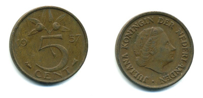 НИДЕРЛАНДЫ 5 ЦЕНТОВ 1957 ЮЛИАНА KM 181 бронза 76-422