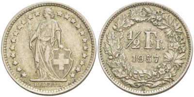 Швейцария 1/2 франка 1957 B KM 23 серебро 4532-1025