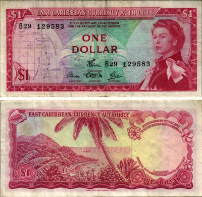 Восточно-Карибские штаты 1 доллар 1965 Британская администрация, серия В29, подпись 6 Pick 13d бумага 8604-36-4-1