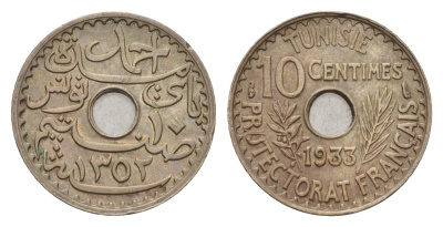 Тунис 10 сантимов 1933 KM 259 никель латунь aUNC 4127-1933
