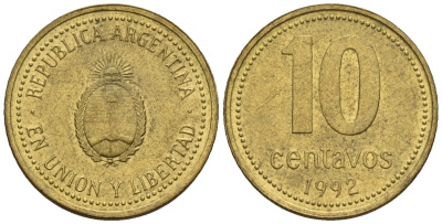 Аргентина 10 сентаво 1992 герб KM 107 алюминиевая бронза 4147-157