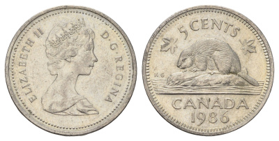 Канада 5 центов 1986 Елизавета II (1952-2022), бобр KM 60.2a медно-никель 4689-429