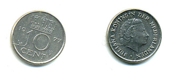 НИДЕРЛАНДЫ 10 ЦЕНТОВ 1977 ЮЛИАНА KM 182 никель 76-353