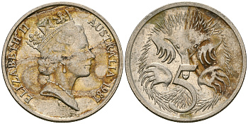 Австралия 5 центов 1987 Елизавета II (1952- ), ехидна KM 80 медно-никель 4608-827