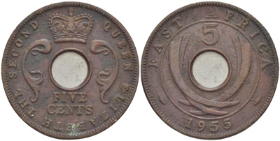 Британская Восточная Африка 5 центов 1955 Елизавета II (1952-) KM 37 бронза 94-726