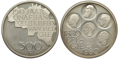Бельгия 500 франков 1980 150 лет независимости, Belgie, Бодуэн I (1951-1993) KM 162 медно-никель покрытый серебром UNC 443-1124