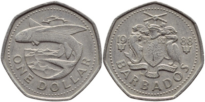 Барбадос 1 доллар 1988 летучая рыба KM 14.2 медно-никель 4398-247