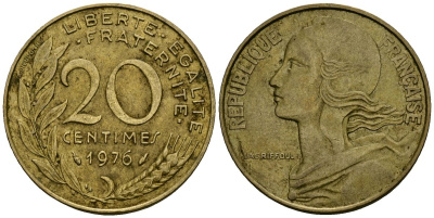 Франция 20 сантимов 1976 тип Marianne KM 930 медь алюминий никель 4135-613