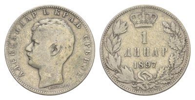 Сербия 1 динар 1897 Александр I (1889-1903) KM 21 серебро 4606-212